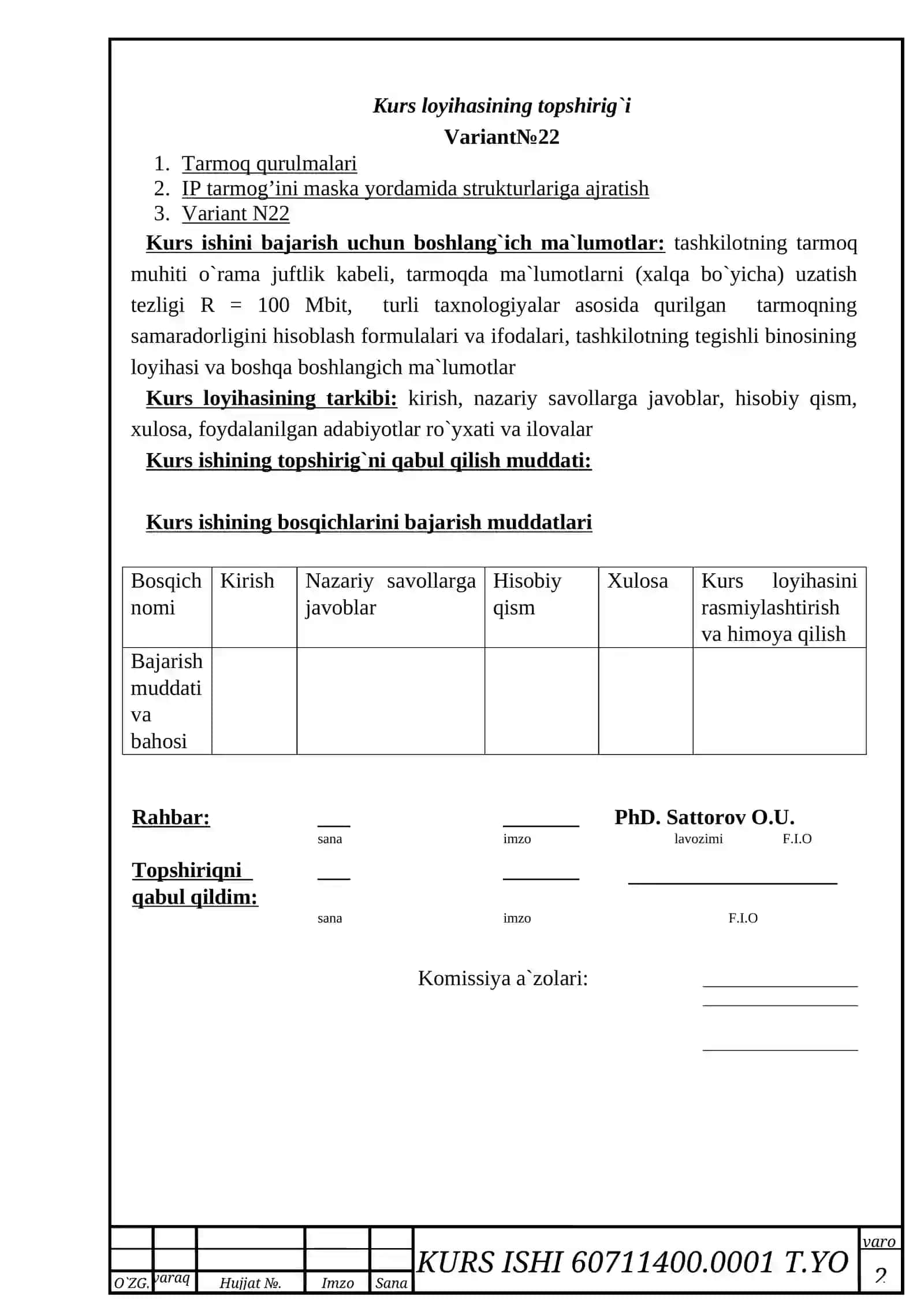 Kompyuter tizimlari va tarmoqlari KURS ISHI 2