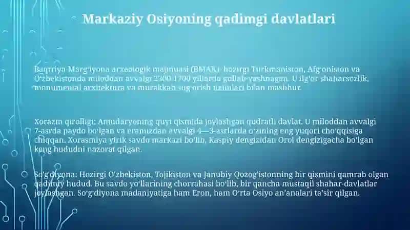 Õzbekiston Davlatchiligi Tarixi:Yurtimizdagi Eng Qadimgi Davlatlar 2