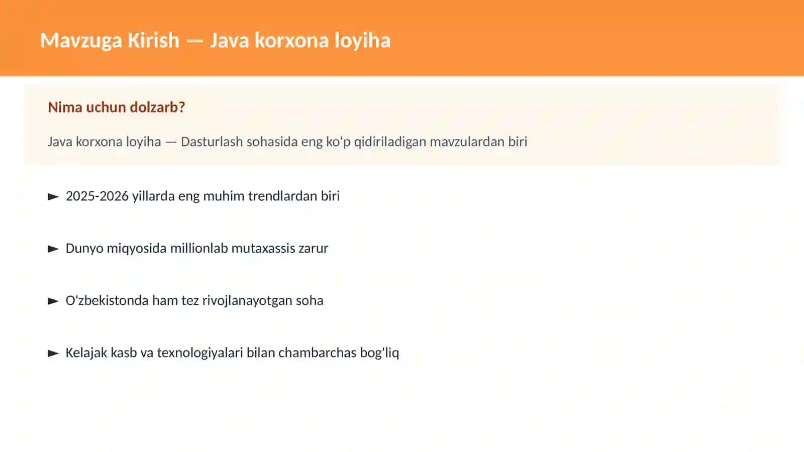 DASTURLASH | JAVA VA KORXONA 2