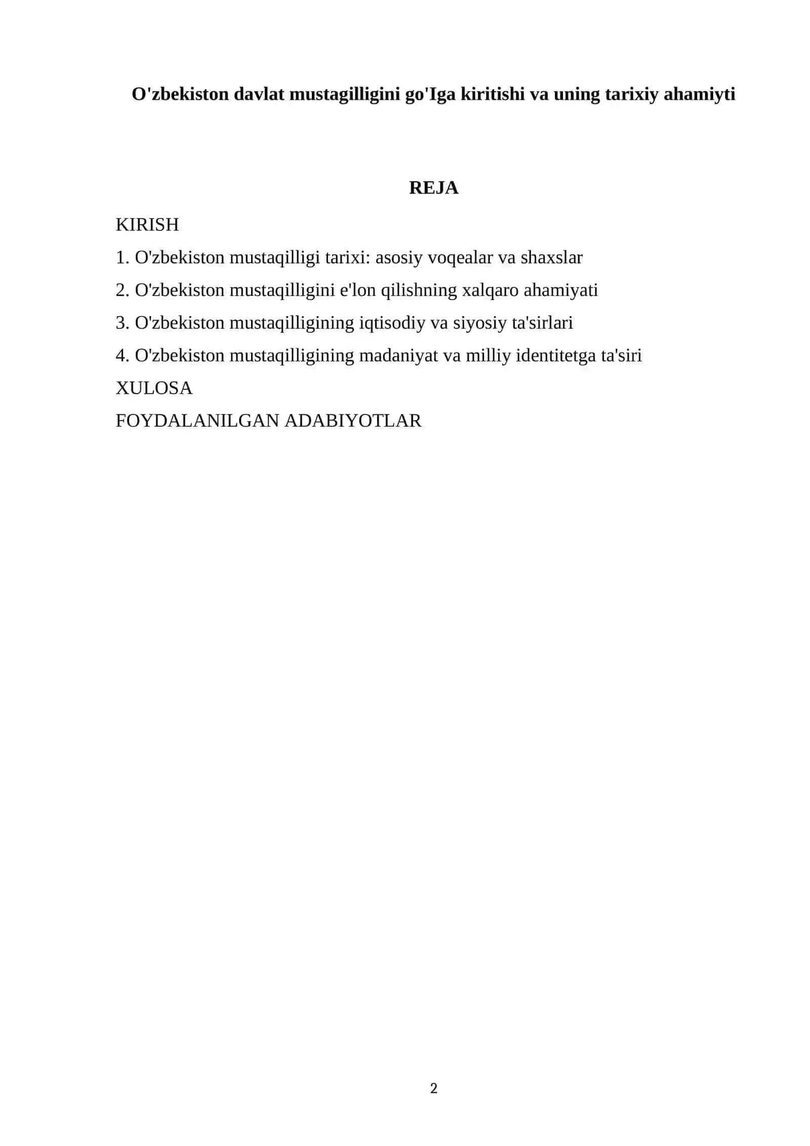 O'zbekistonning eng yangi tarixi fanidan tayyorlagan referati 2