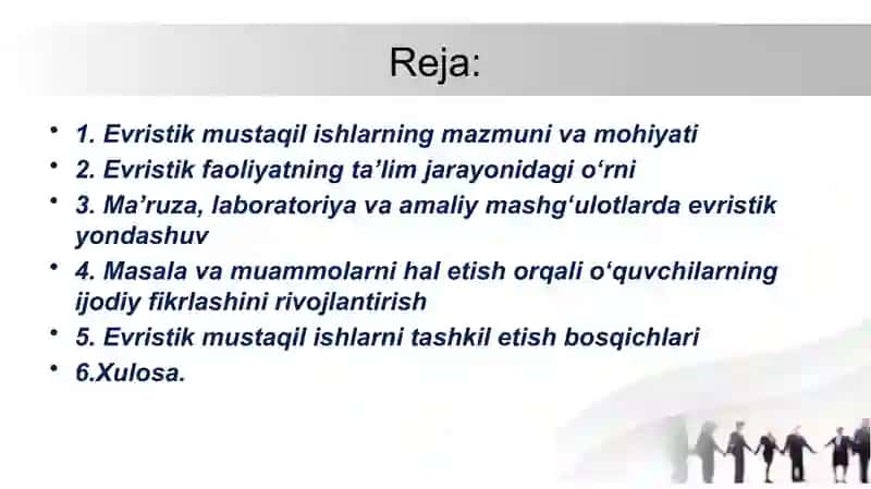 Evristik mustaqil ishlar mavzusiga tag'dimot. 2