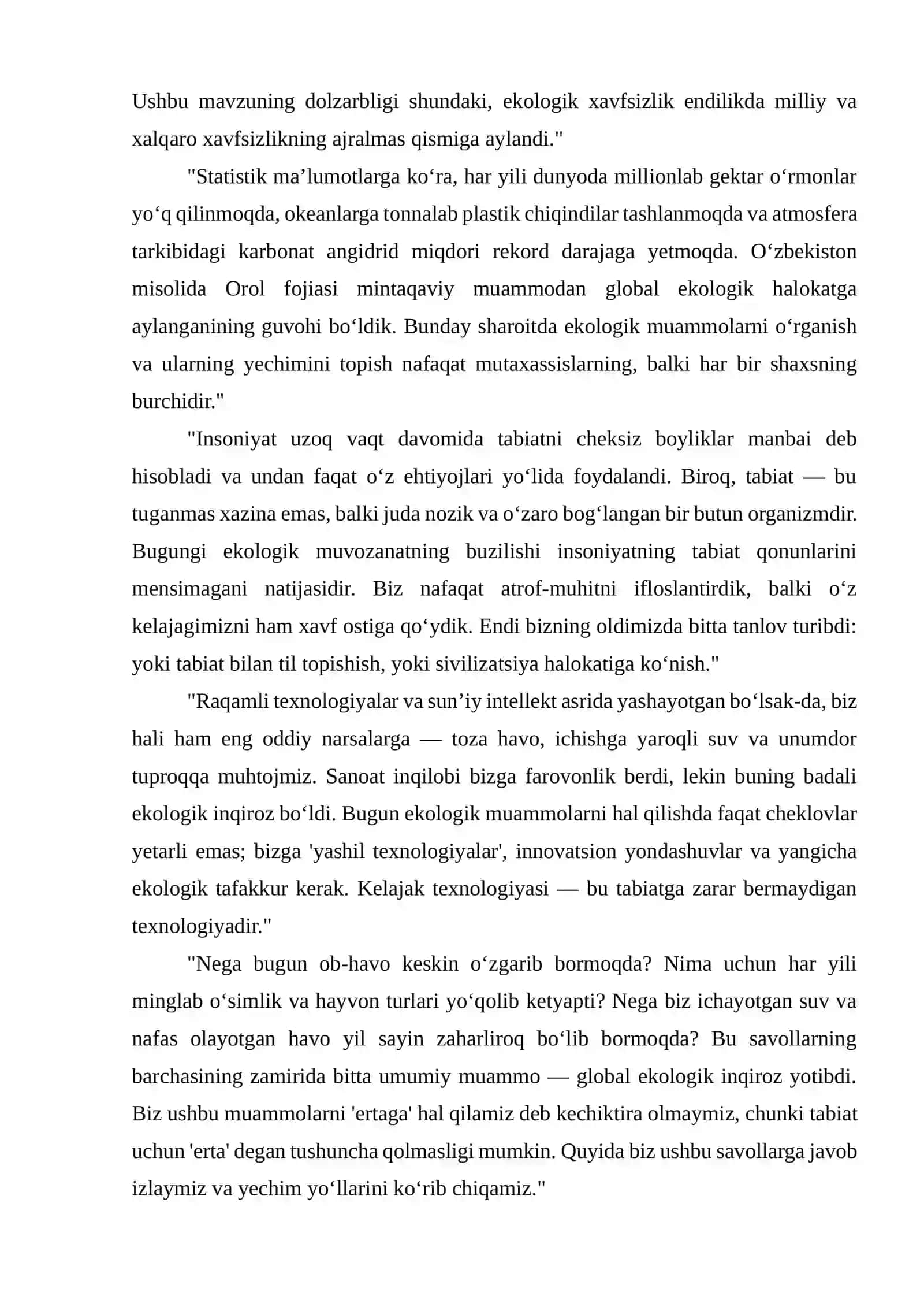 Ekologik muammolar va ularning yechimlari mustaqil ish 2