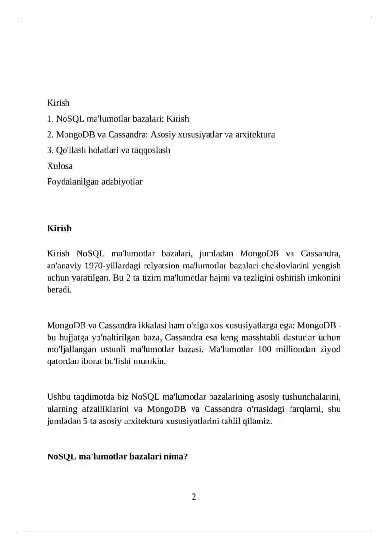 NoSQL ma'lumot bazalari:MangoDB va Cassandra 2