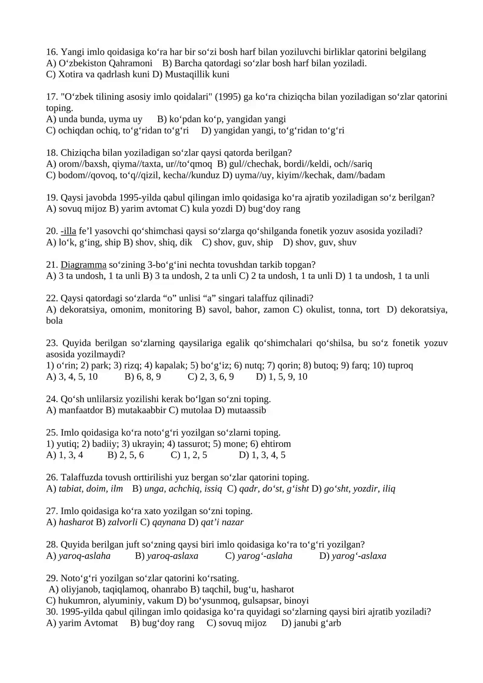 O‘ZBEK TILINING SOHADA QO’LLANILISHI FANIDAN TEST 2