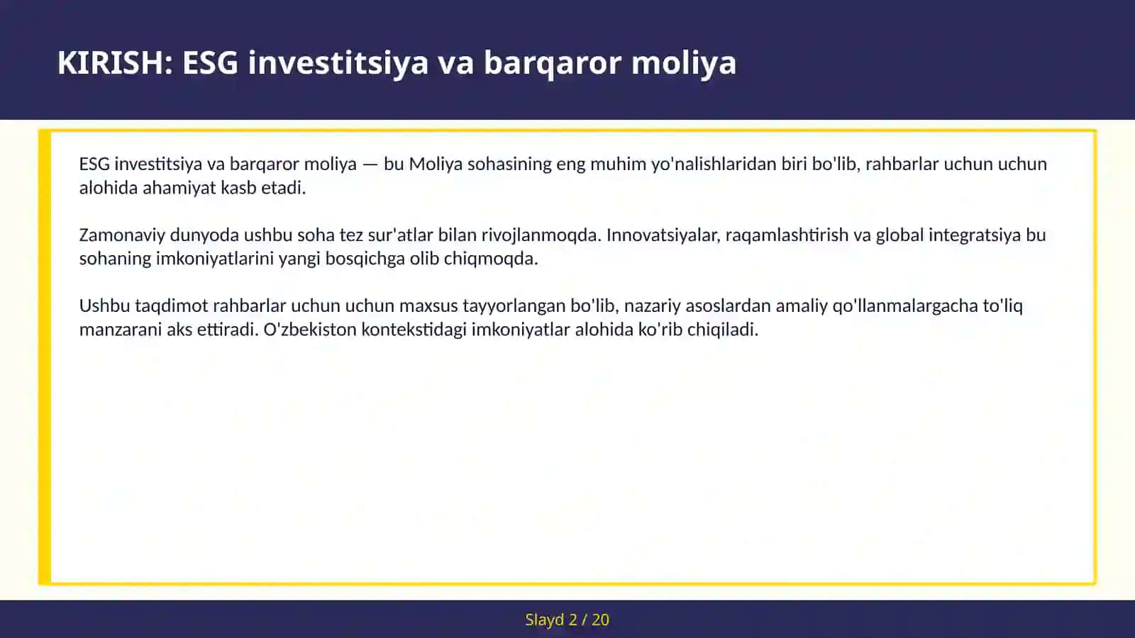 ESG INVESTITSIYA VA BARQAROR MOLIYA 2