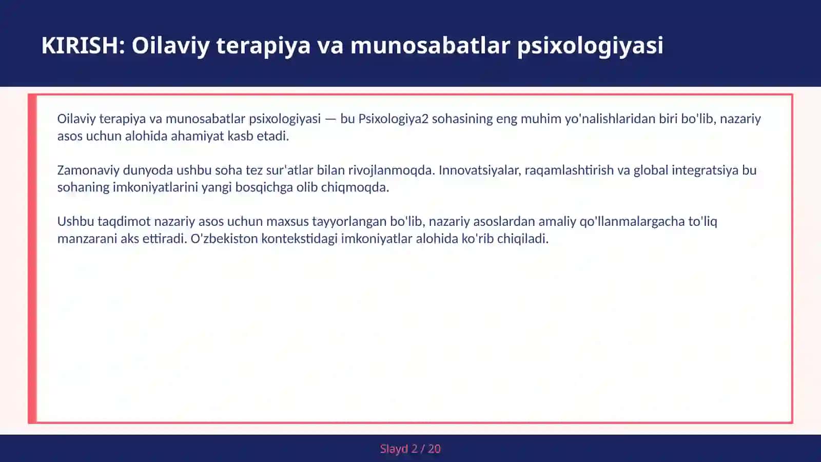 Oilaviy terapiya va munosabatlar psixologiyasi 2
