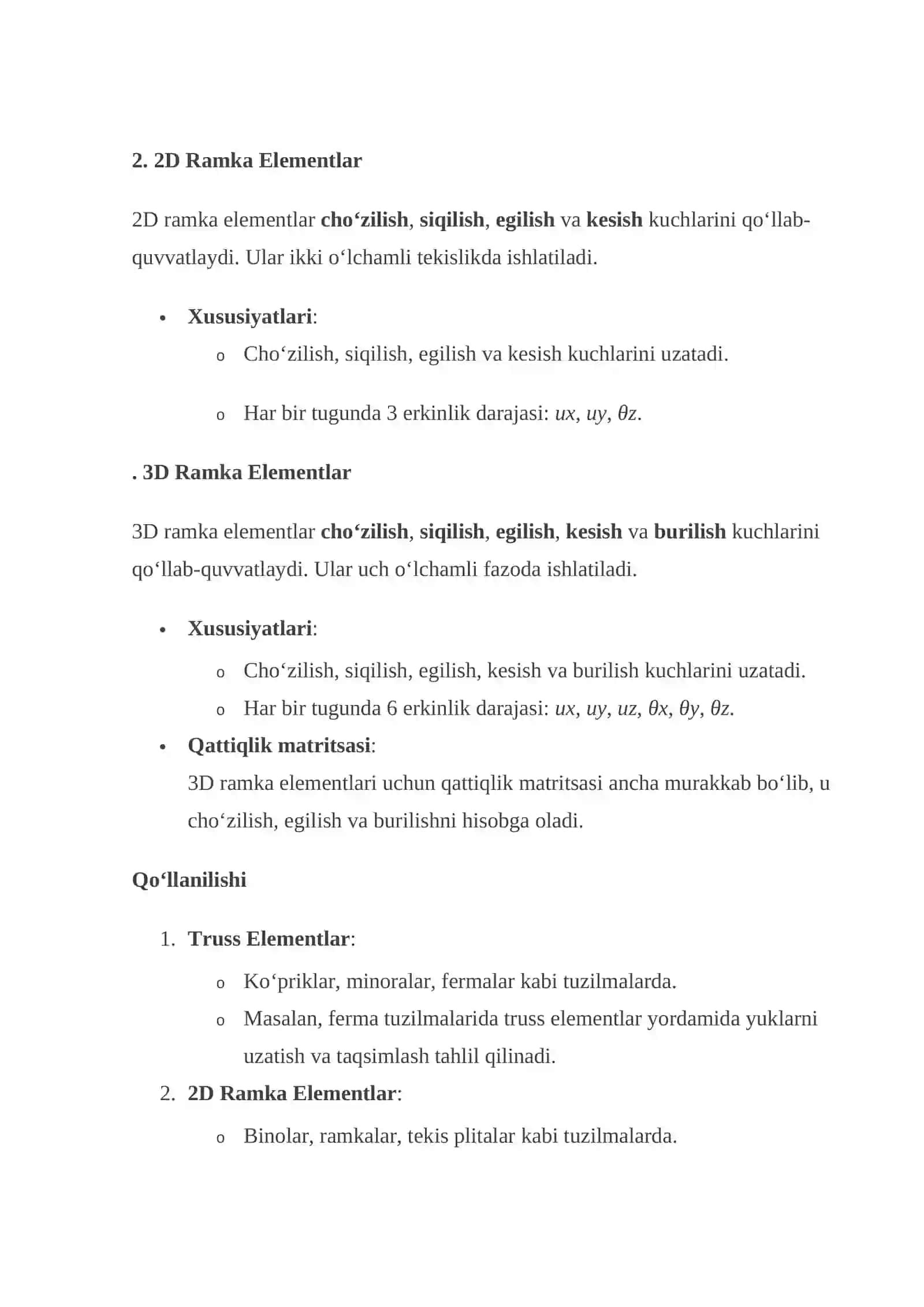 8-мавзу Ma’ruza:Truss Elementlar, 2D va 3D Ramka Elementlari 2