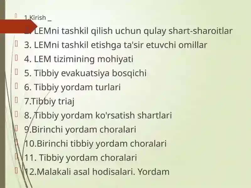 Tibbiy va evakuatsiya yordamini tashkil etish 2