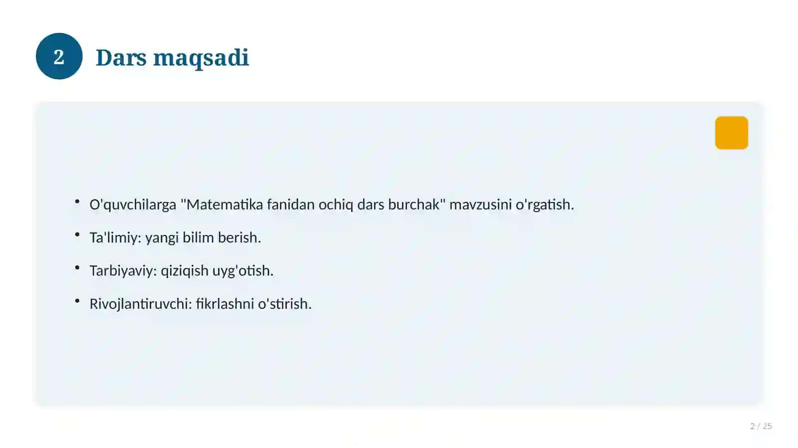 Matematika fanidan ochiq dars burchak 2