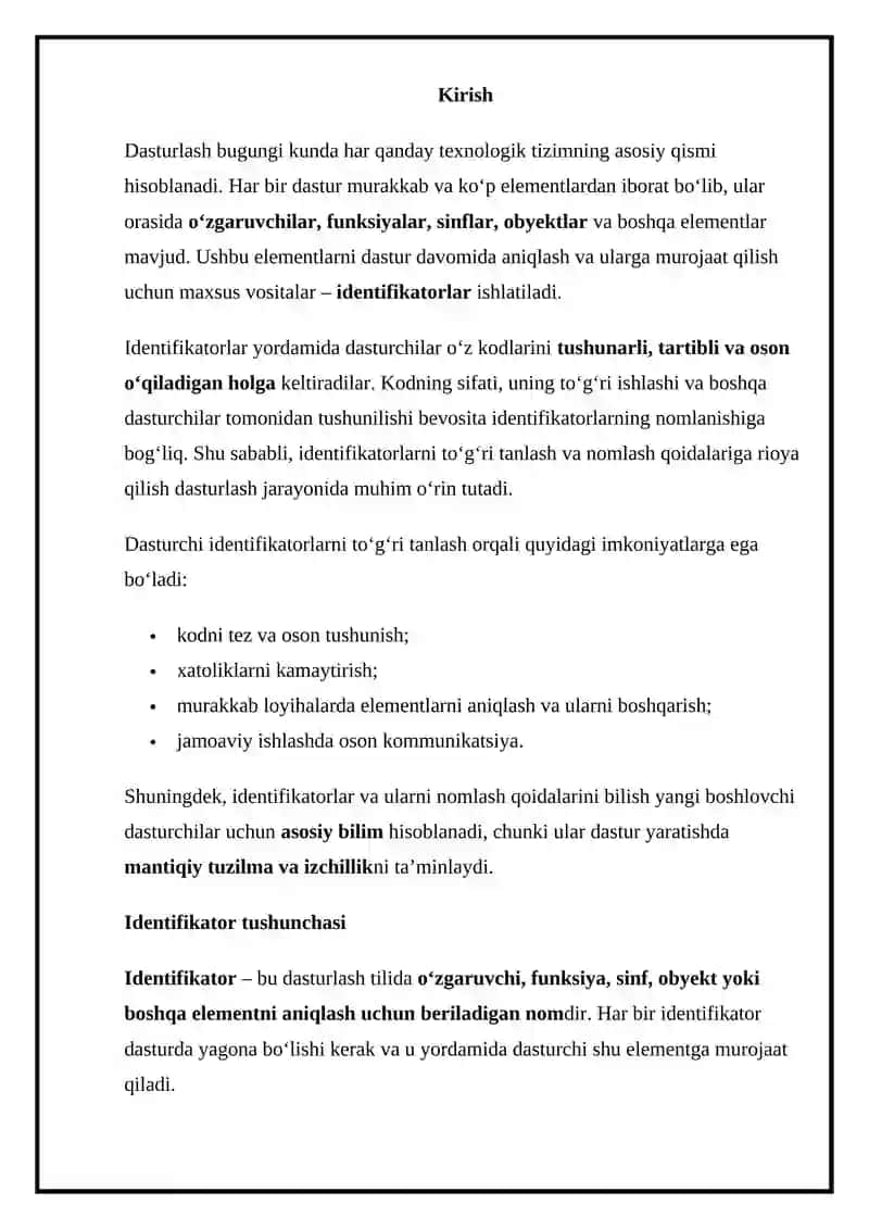 Identifikatorlar va nomlash qoidalari 2