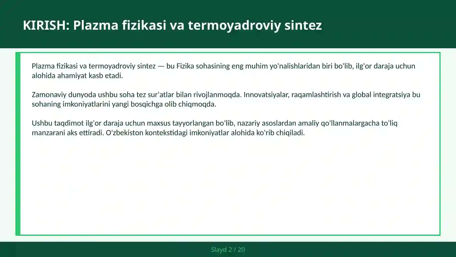 PLAZMA FIZIKASI VA TERMOYADROVIY SINTEZ 2