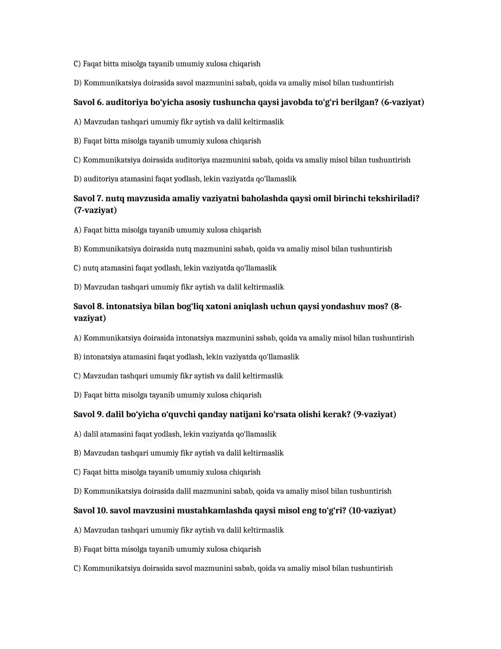 Notiqlik san’ati — 100 test javoblari bilan 2
