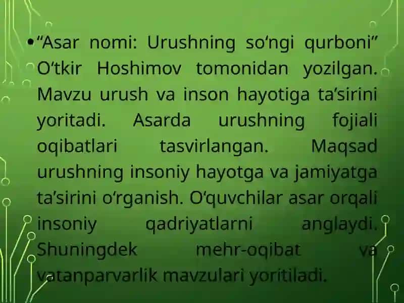 O'TKIR HOSHIMOVNING,,URUSHNING SO'NGI QURBONI,,ASARI 2