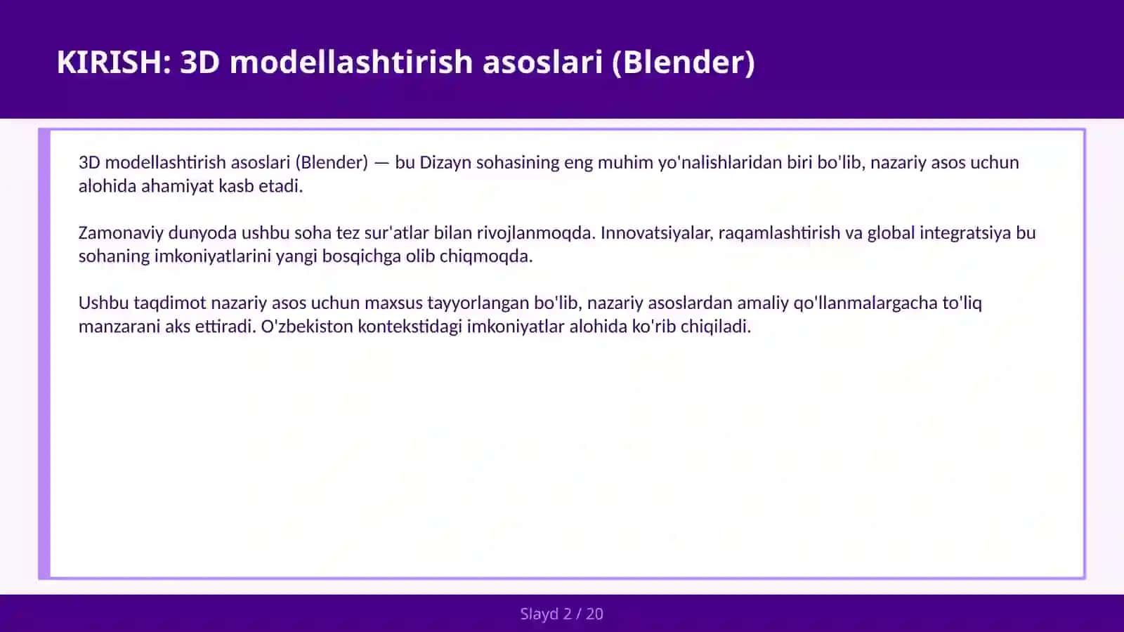 Blender3D MODELLASHTIRISH ASOSLARI 2