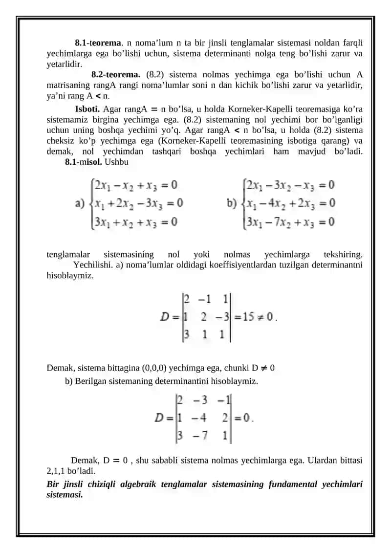 Bir jinsli chiziqli algebraik tenglamalar sistemasi. 2