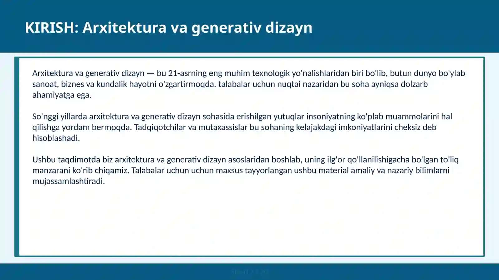 ARXITEKTURA VA GENERATIV DIZAYN 2