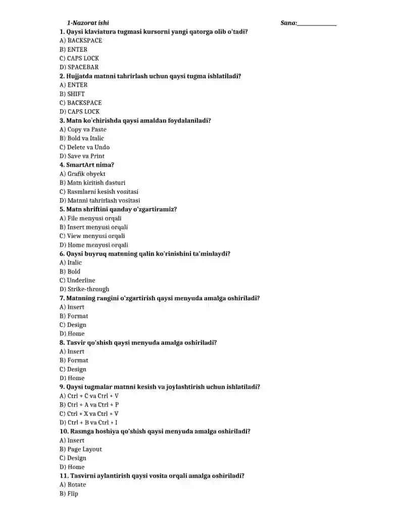 6-sinf informatika test yillik 2