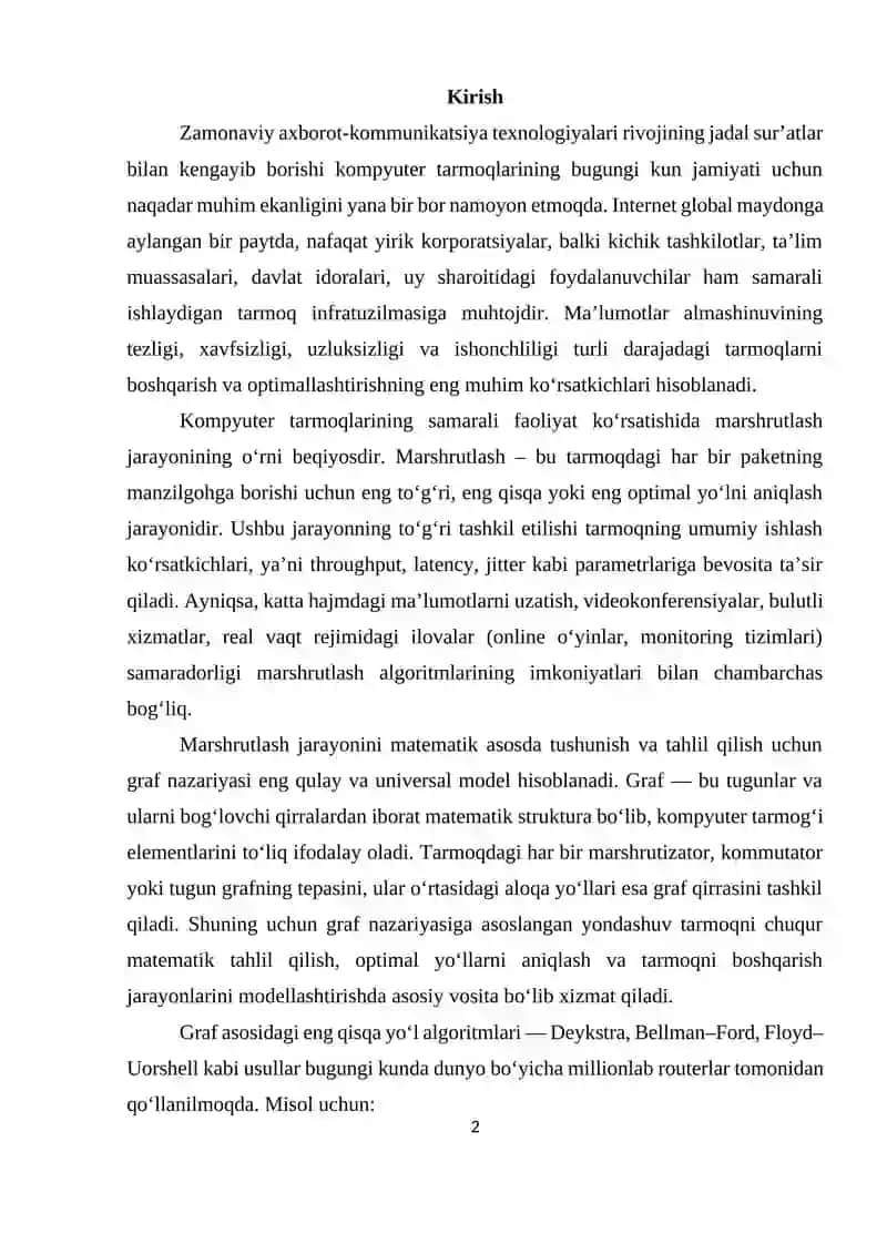 Kompyuter tarmoqlarida marshrutlash masalalarini graf yordamida yechish 2