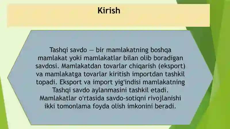 Taqdimot. Oʻzbekiston Respublikasining tashqi savdo aylanmasi. 2
