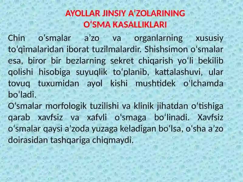 Ayollar jinsiy azolarida o'sma kasalligi. 2