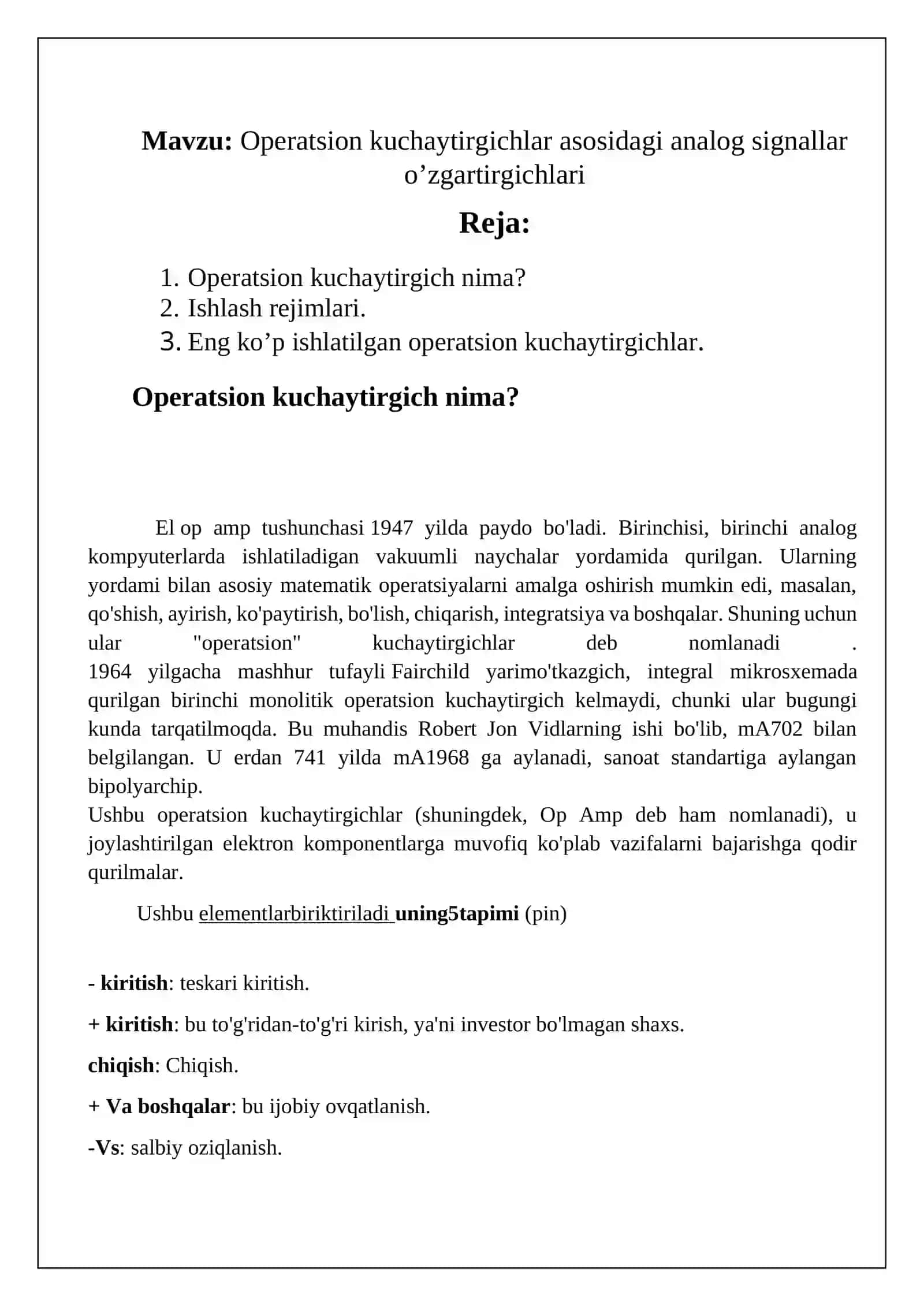 Operatsion kuchaytirgichlar asosidagi analog signallar o’zgartirgichlari 2