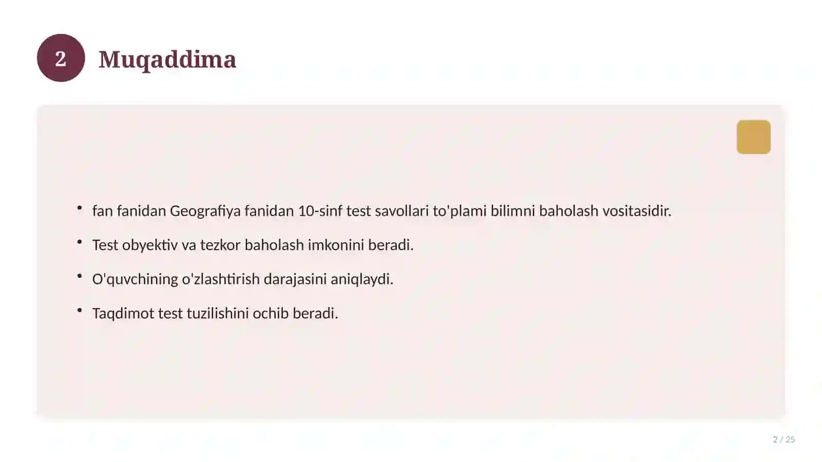Geografiya fanidan 10-sinf test savollari to'plami 2