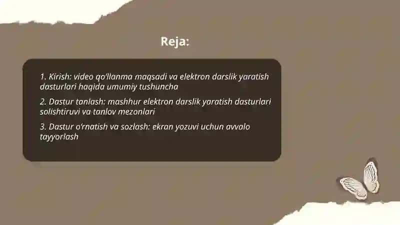 Elektron dasrlik yaratuvchi dasturlar bilan ishlash bo'yicha video qo'llanma tayyorlash 2