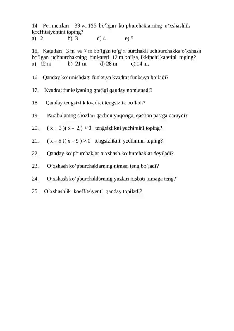 9 - sinf uchun matematika fanidan ochiq testlar 2
