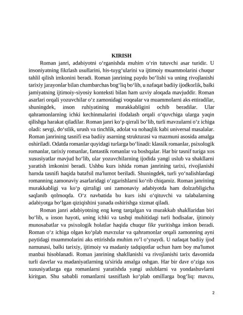 ROMAN JANRI VA UNING TASNIFI 2