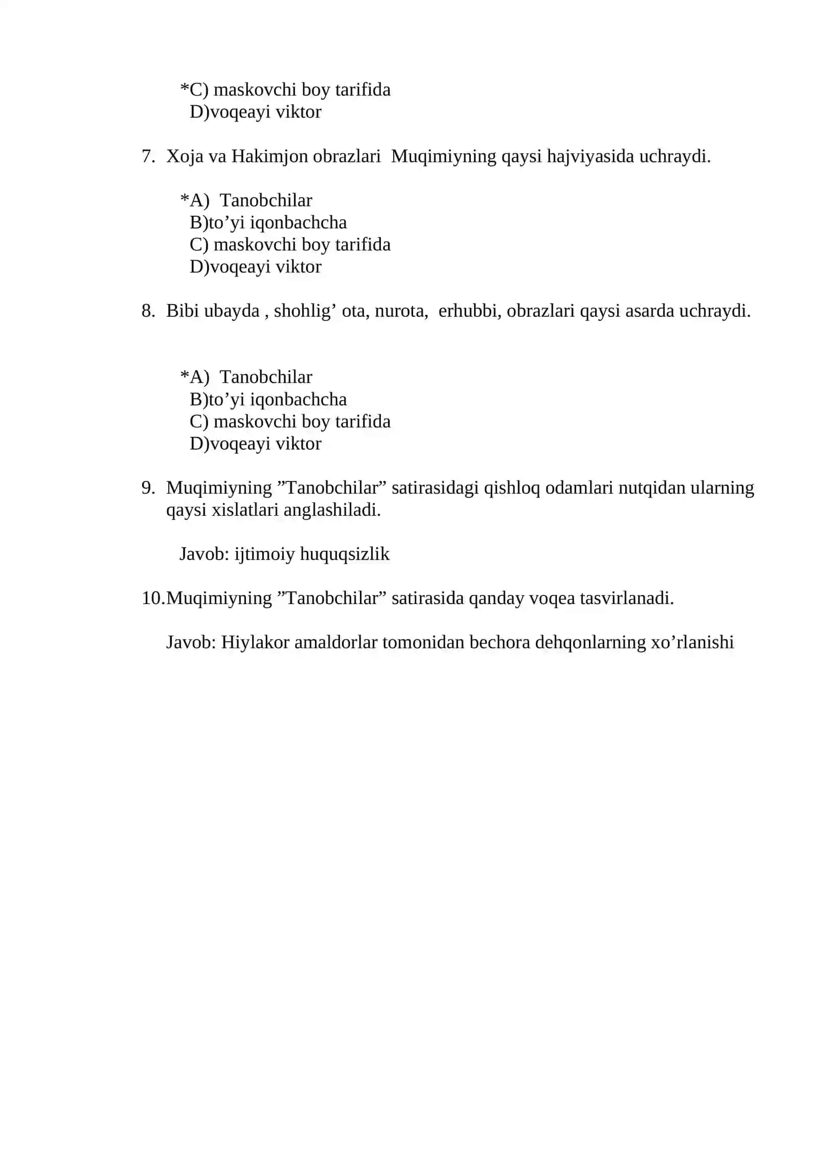 Muqimiya hanjviyalari (Test 1-6) 2
