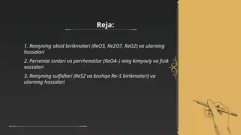 Reniyning birikmalari va ularning hossalari 2