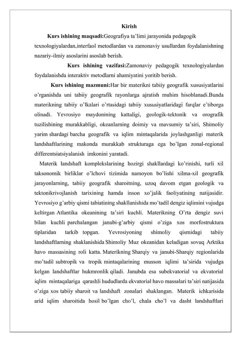 Yevrosiyo materigining tabiiy geografik rayonlashtirish .Kurs ishi 2