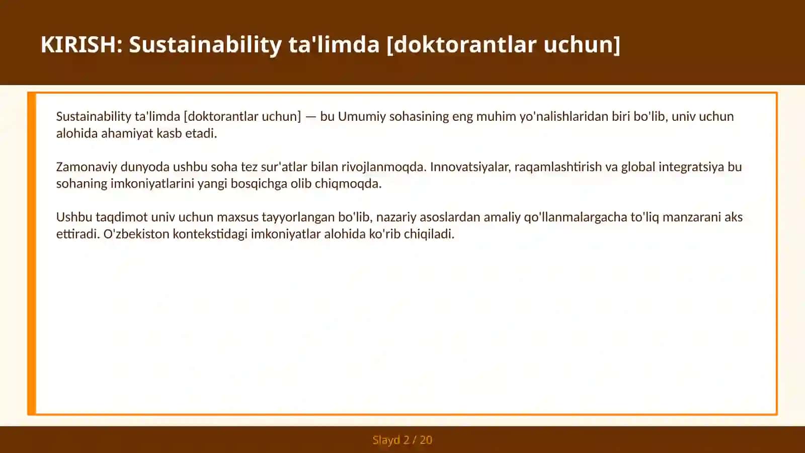 Sustainability ta'limda [doktorantlar uchun] 2