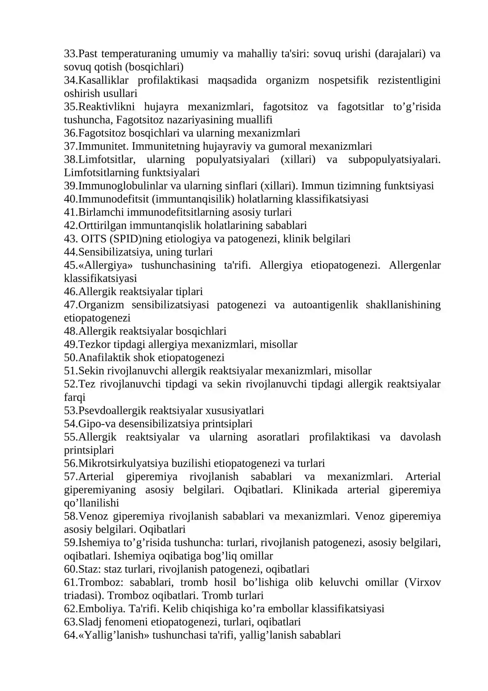 Patologik fiziologiya fanidan 3-kurs Stomatologiya fakulteti talabalariga o‘tkaziladigan og’zaki – so’rov nazorat savollari 2