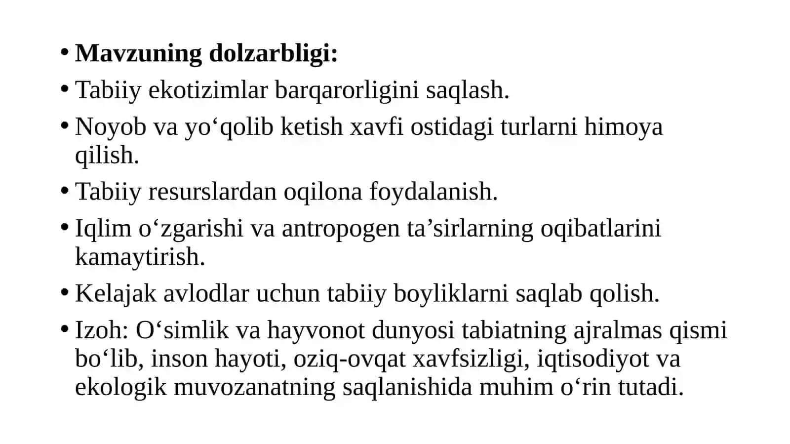 “Biologik xilma-xillik va uni muhofaza qilish” 2