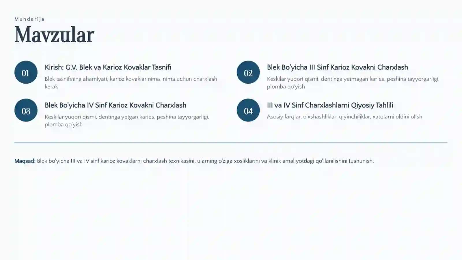 G.V. Blek Bo'yicha III va IV sinf karioz kovaklarini charxlash 2
