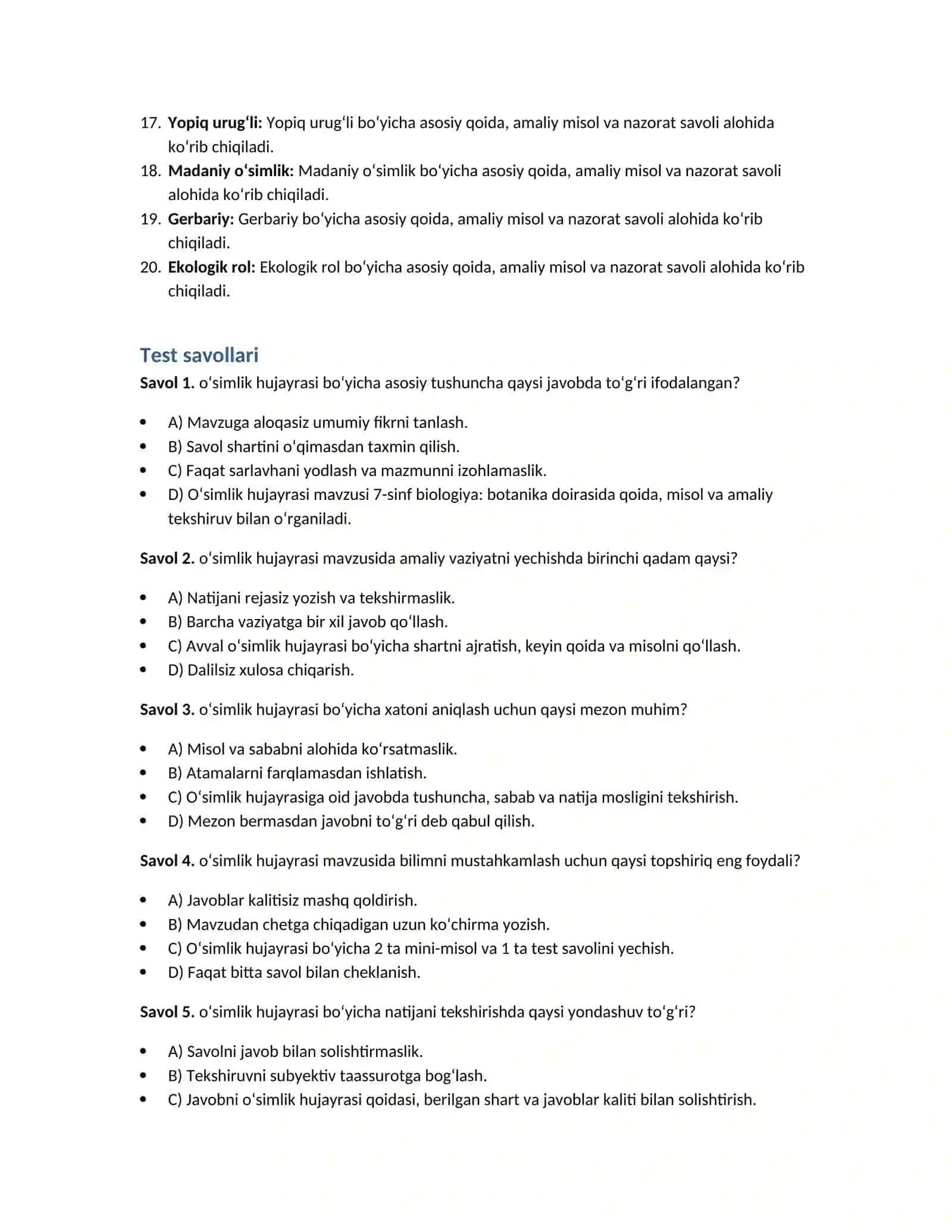 7-sinf biologiya: botanika — 100 test 2