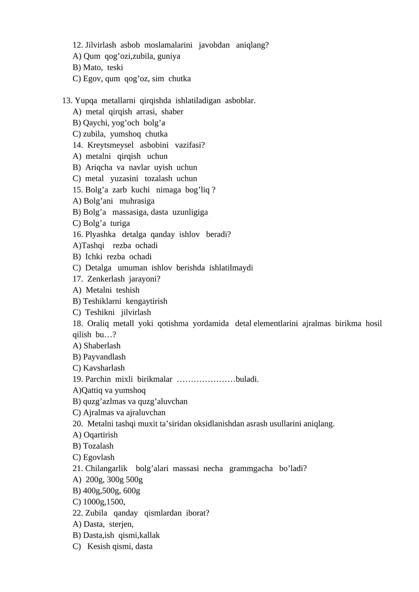 Chilangarlik ishi kasbi bo’yicha test savollari 2