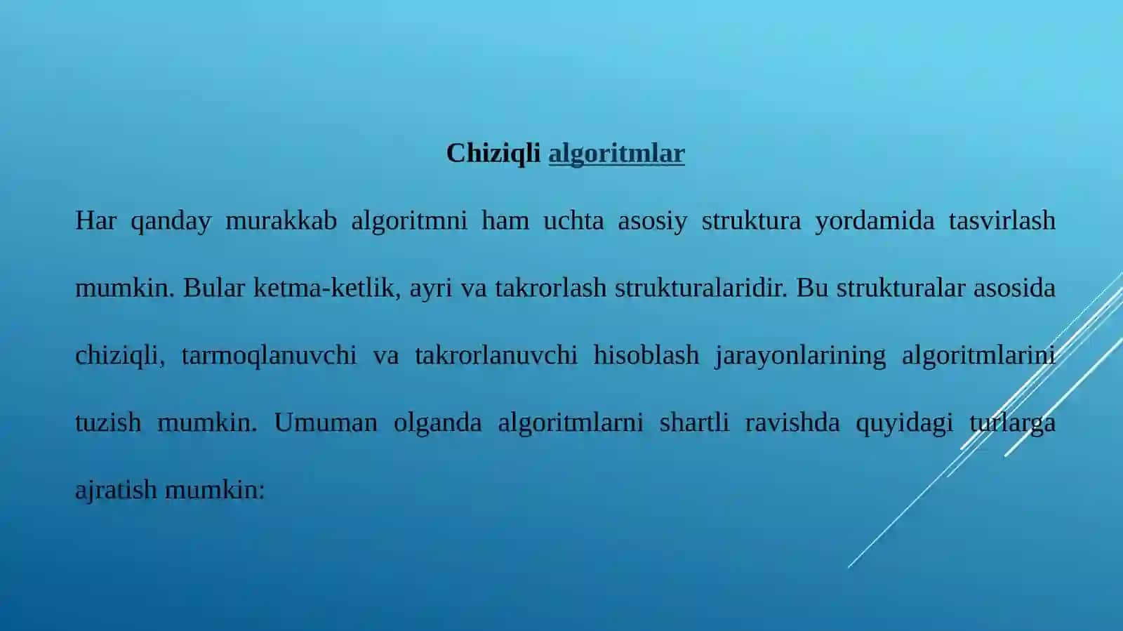CHIZIQLI ALGORITMLAR. SIKLLAR. INTEGRALLARNI TAQRIBIY HISOBLASH 2