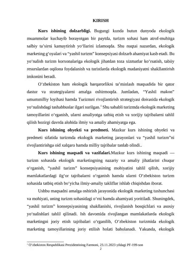“TURIZMDA EKOLOGIK MARKETING: "YASHIL TURIZM" 2