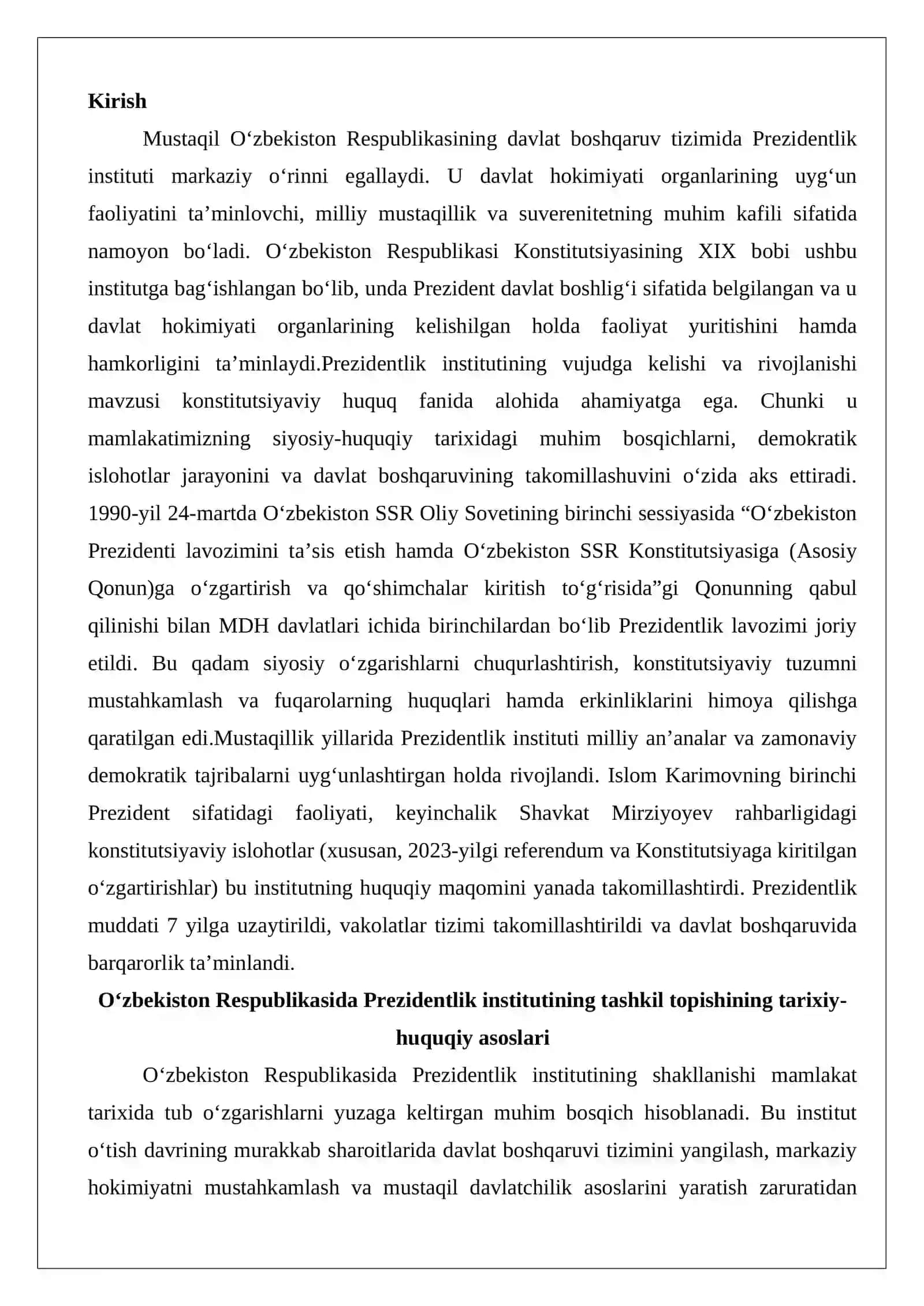 O‘zbekiston Respublikasida Prezidentlik institutining vujudga kelishi va rivojlanishi 2