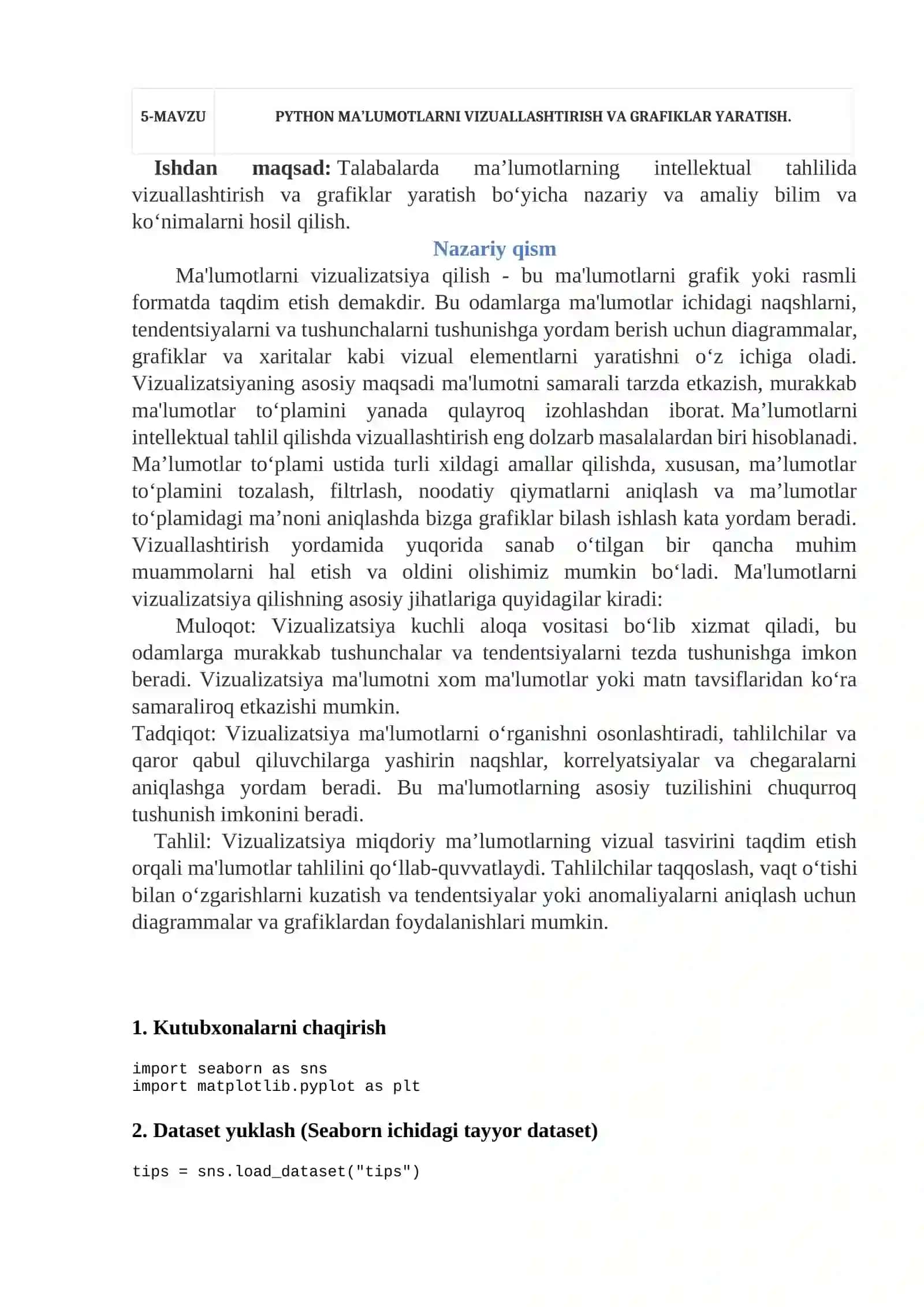 PYTHON MA’LUMOTLARNI VIZUALLASHTIRISH VA GRAFIKLAR YARATISH 2