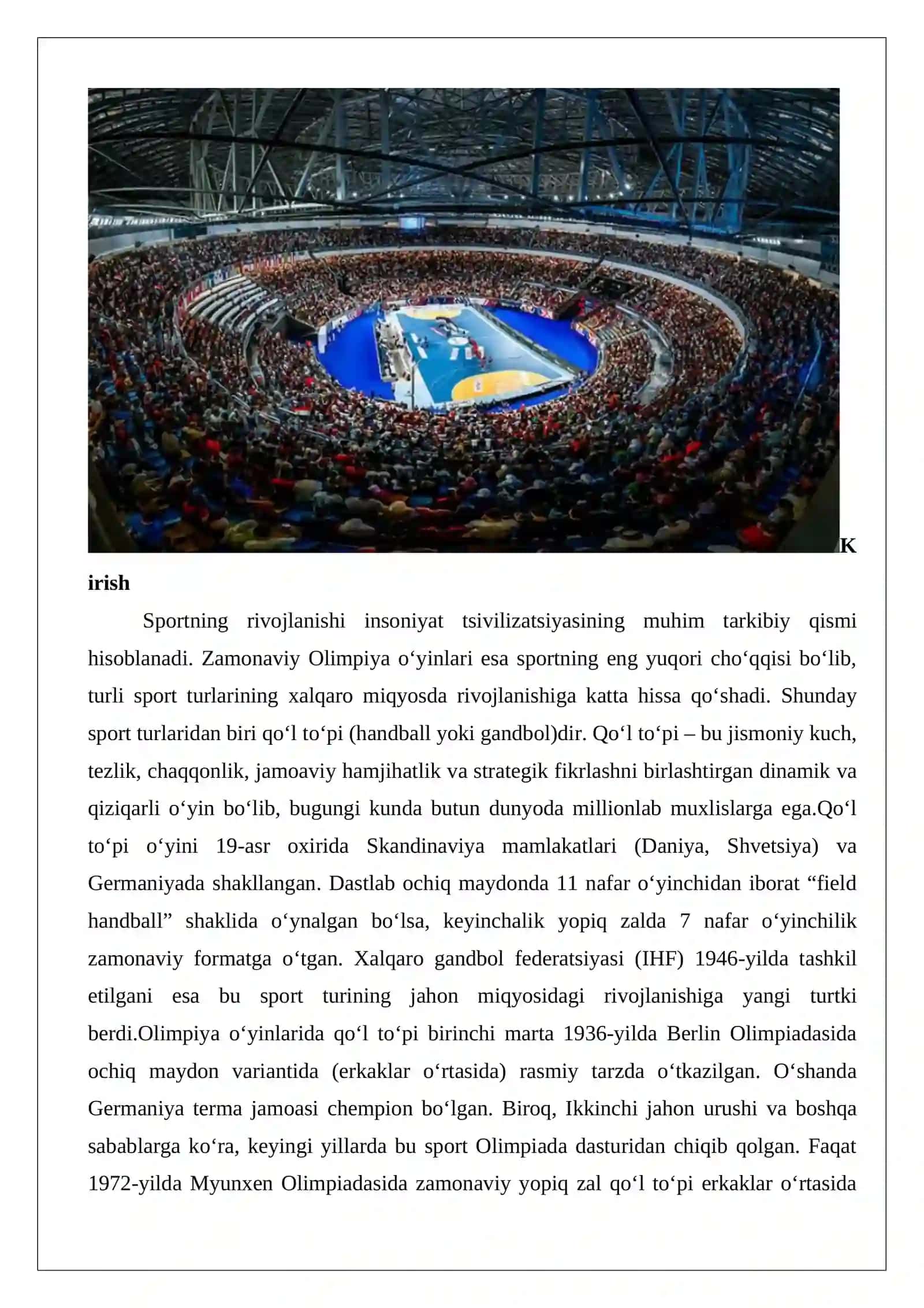 Qo‘l to‘pi bo‘yicha Olimpiada o‘yinlarining o‘tkazilishi 2