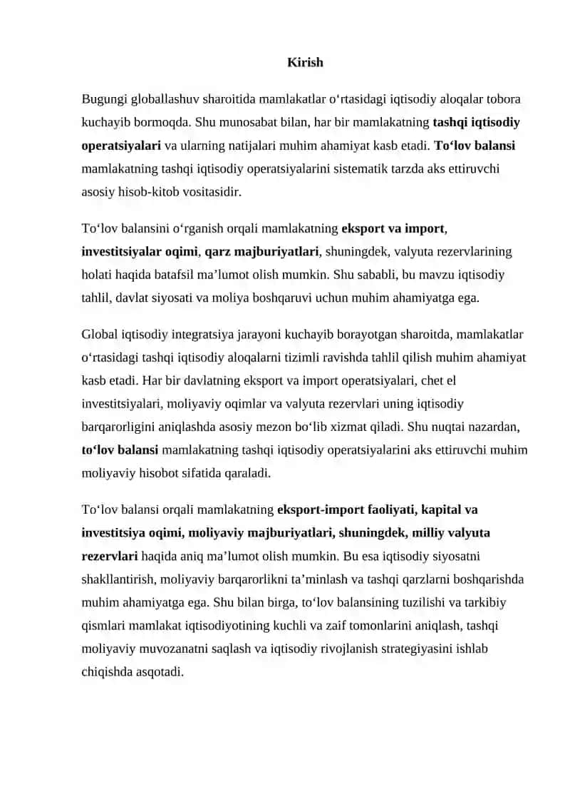 To'lov balansi mamlakatning tashqi iqtisodiy operatsiyalarini aks ettiradi 2
