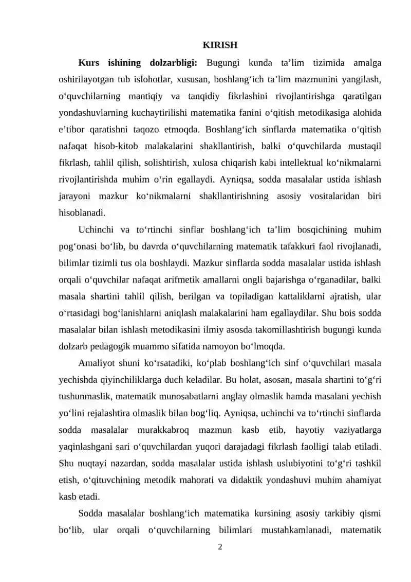 Uchinchi va to'rtinchi sinflar sodda masala ustida ishlash uslubyoti 2