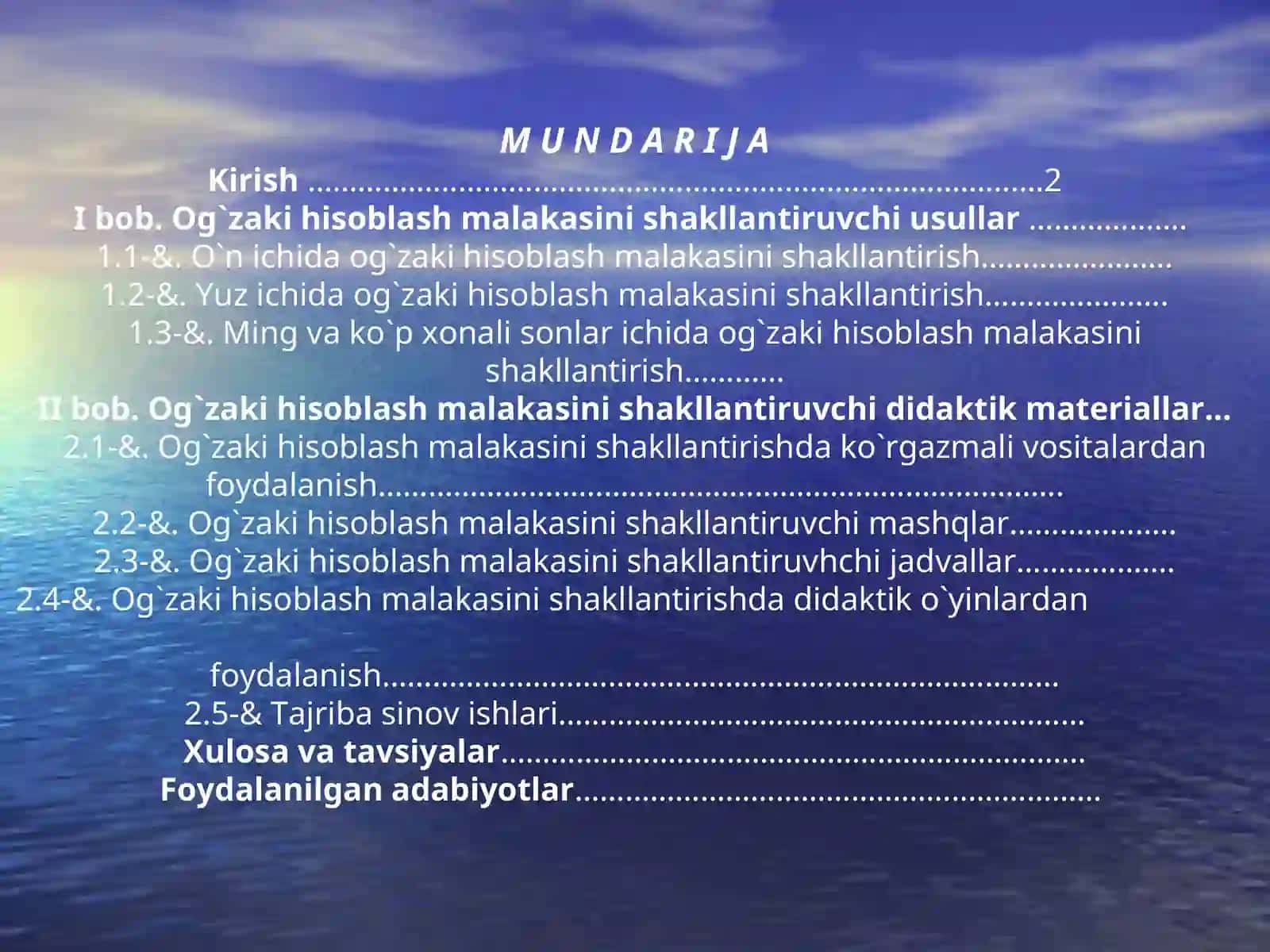 Og`zaki hisoblash malakasini shakllantiruvchi didaktik materiallar 2