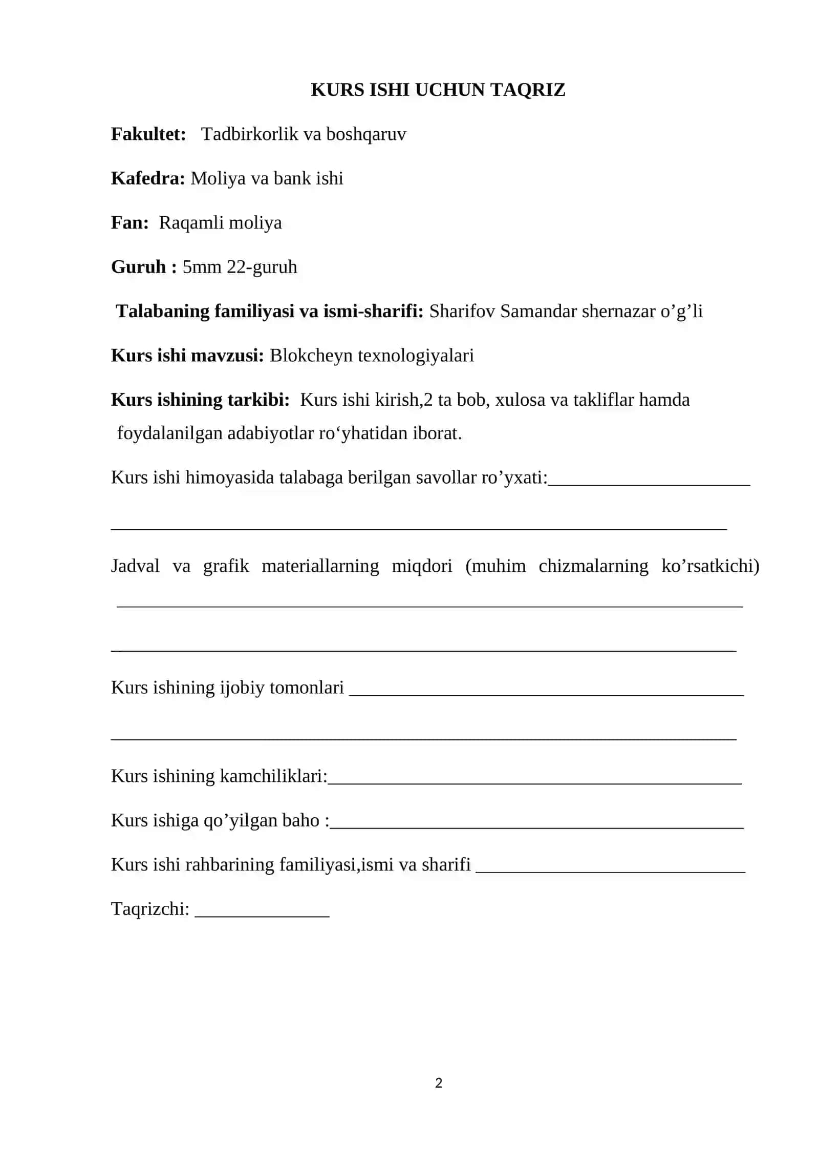 Blokcheyn Texnologiyasi Kurs Ishi 2