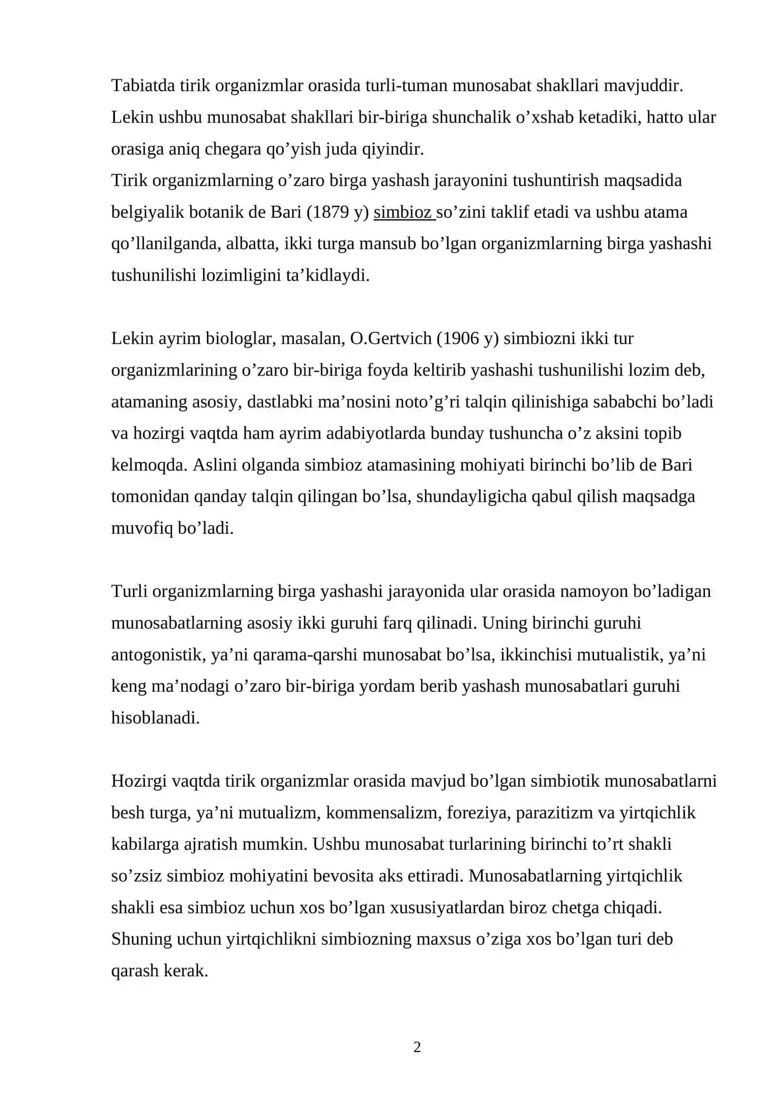 Organizmlar orasidagi munosabat turari 2