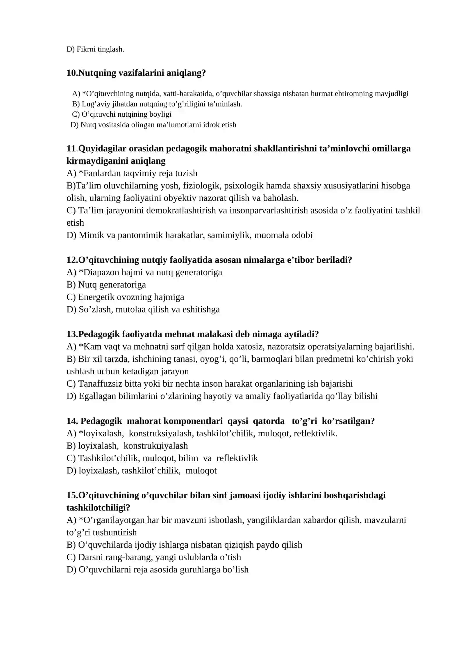 PEDAGOGIK MAHORAT FANIDAN TEST SAVOLLARI 2
