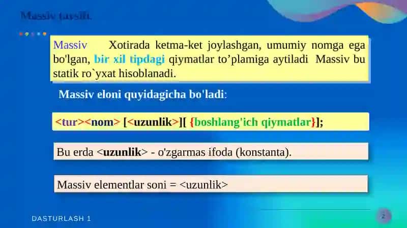 Statik va dinamik ro'yxat, massiv tushunchasi. Ro'yxat metodlari. 2